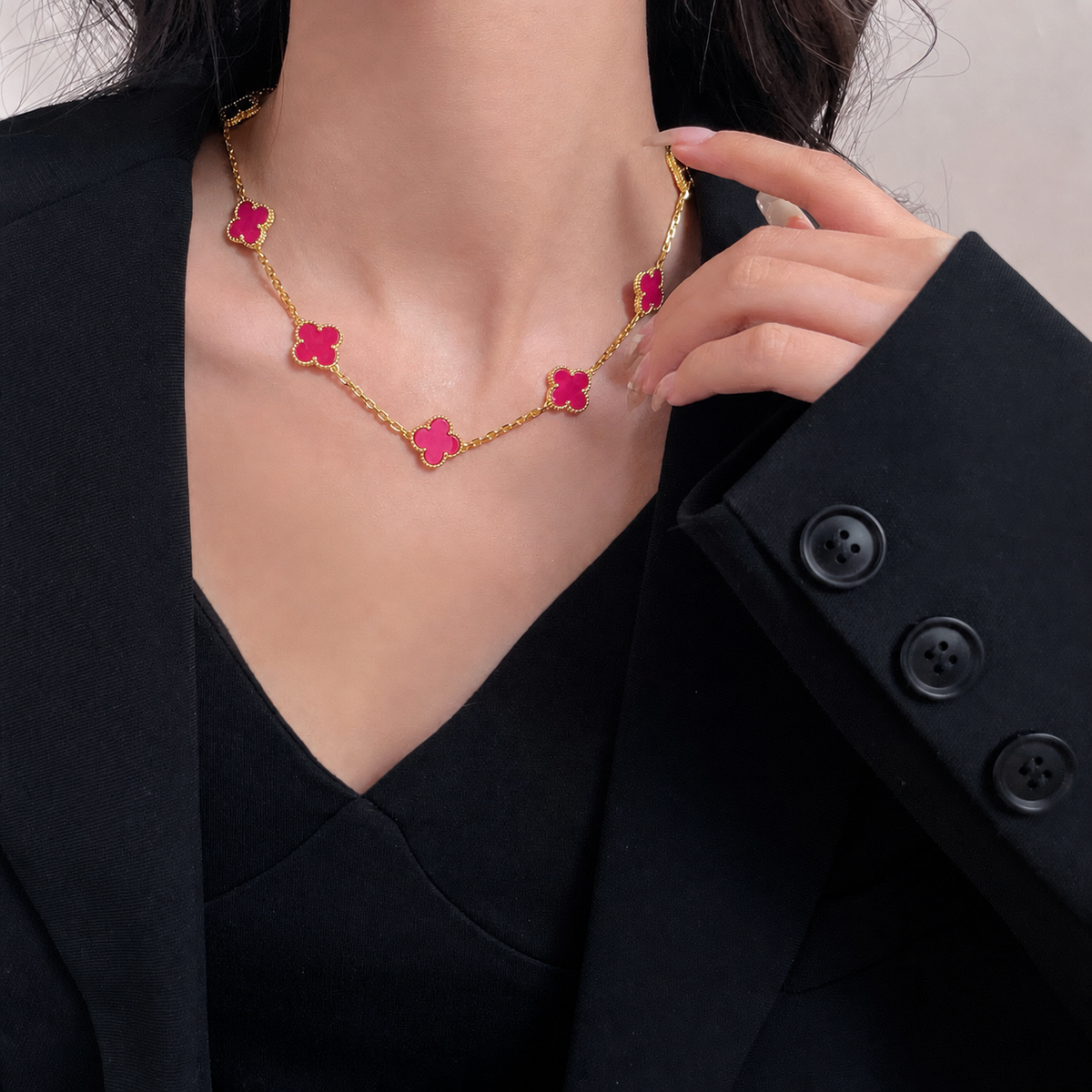 [Super CiCi]NEW CLOVER 10 MOTIFS PINK ENAMEL NECKLACE