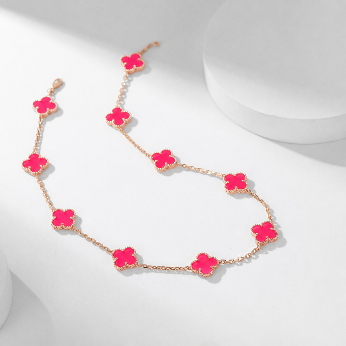 [Super CiCi]NEW CLOVER 10 MOTIFS PINK ENAMEL NECKLACE