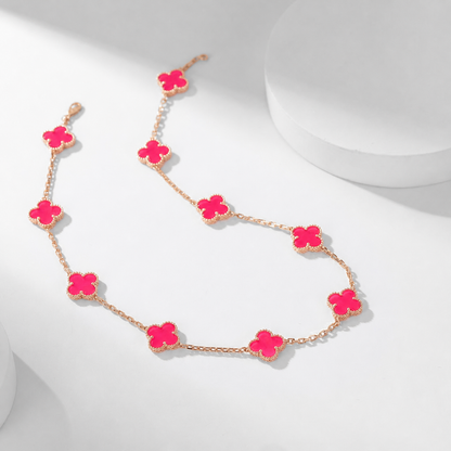 [Super CiCi]NEW CLOVER 10 MOTIFS PINK ENAMEL NECKLACE