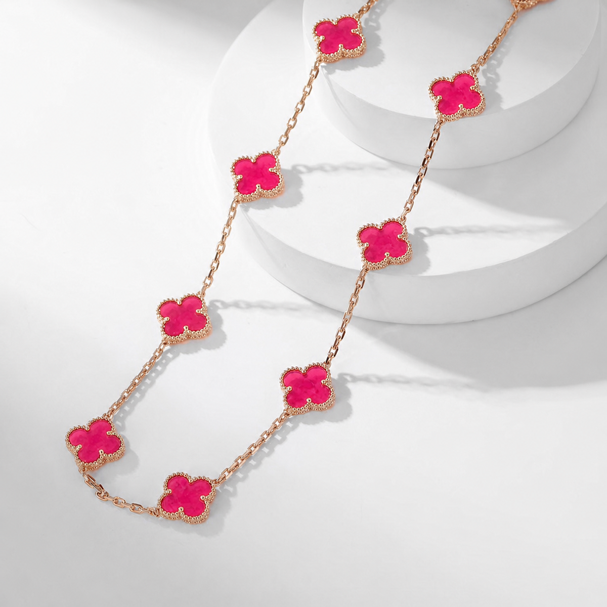 [Super CiCi]NEW CLOVER 10 MOTIFS PINK ENAMEL NECKLACE