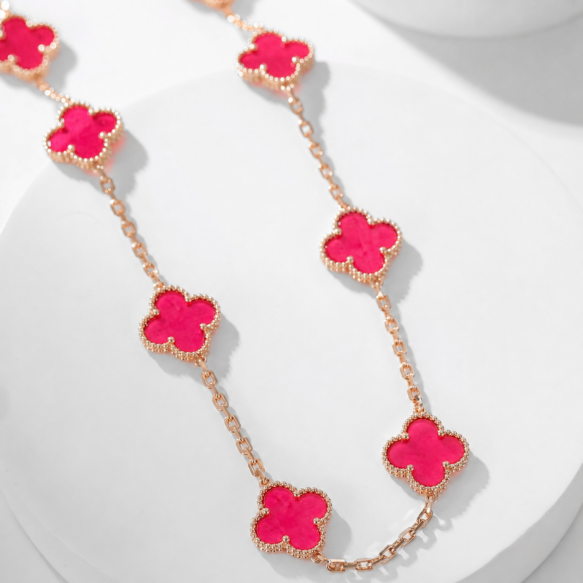 [Super CiCi]NEW CLOVER 10 MOTIFS PINK ENAMEL NECKLACE