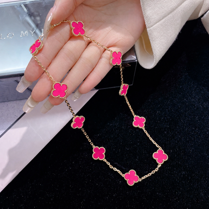 [Super CiCi]NEW CLOVER 10 MOTIFS PINK ENAMEL NECKLACE