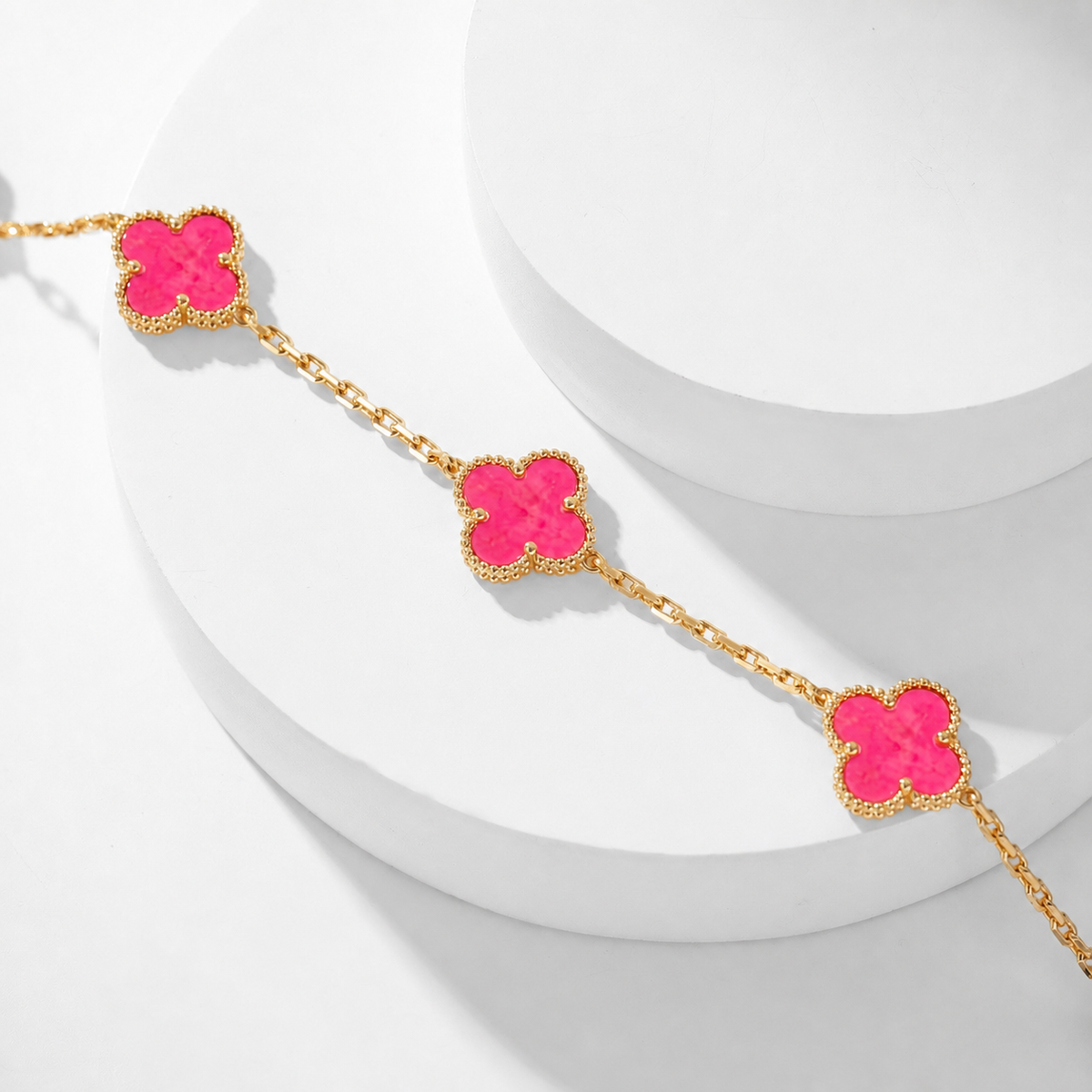 [Super CiCi]NEW CLOVER 10 MOTIFS PINK ENAMEL NECKLACE
