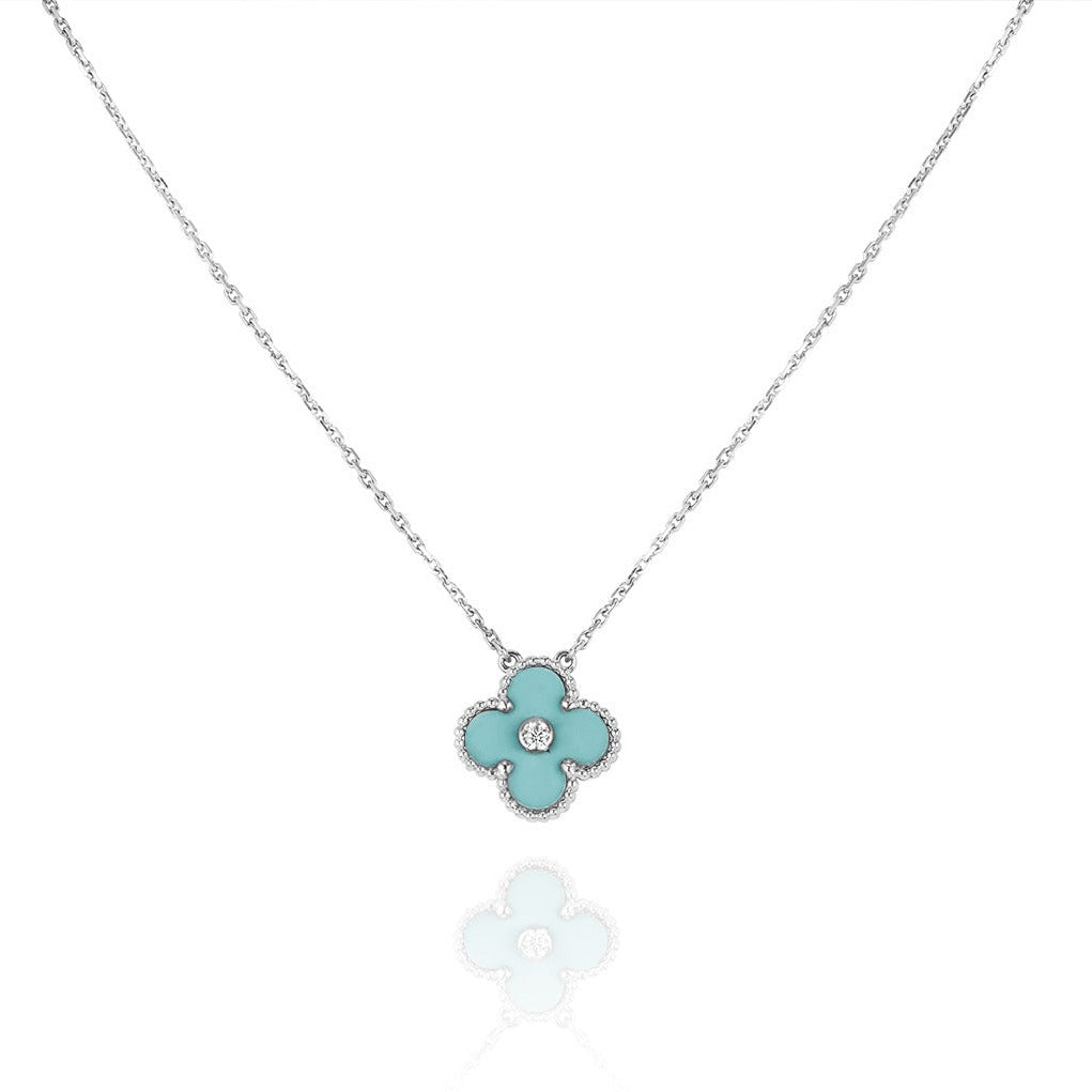 [Super CiCi ]CLOVER 1 DIAMOND LIGHT BLUE SILVER NECKLACE