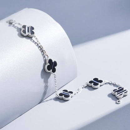 [Super CiCi ]CLOVER 5 MOTIF VEINED ONYX BRACELET SILVER