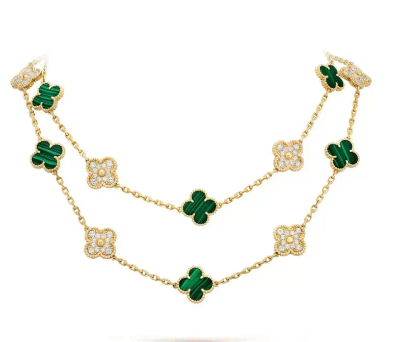 [Super CiCi ]CLOVER 20 MOTIFS MALACHITE DIAMOND NECKLACE