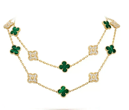 [Super CiCi ]CLOVER 20 MOTIFS MALACHITE DIAMOND NECKLACE