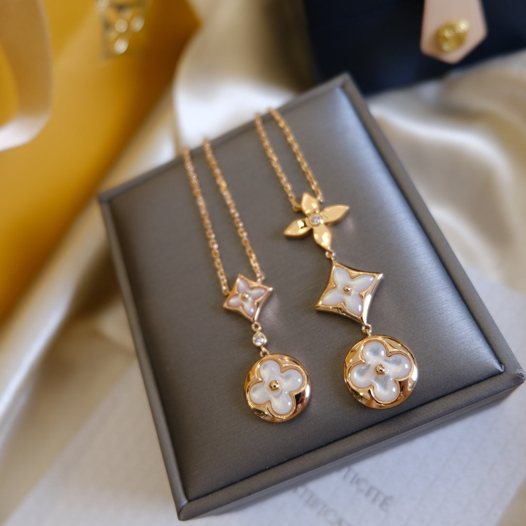 [Super CiCi ]COLOR BLOSSOM LARIAT NECKLACE PINK GOLD WHITE MOTHER PEARL AND DIAMOND