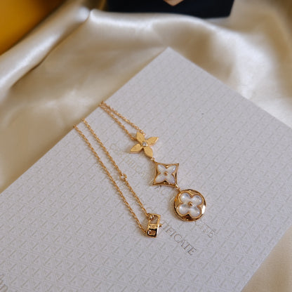 [Super CiCi ]COLOR BLOSSOM LARIAT NECKLACE PINK GOLD WHITE MOTHER PEARL AND DIAMOND