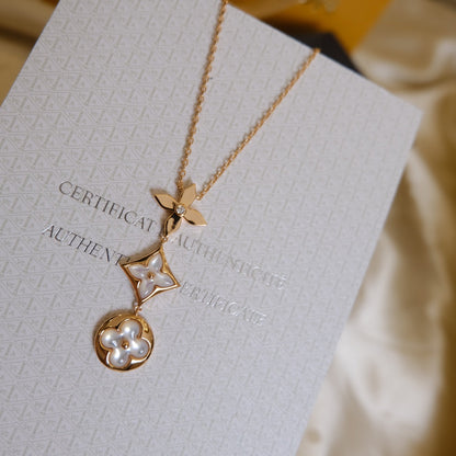 [Super CiCi ]COLOR BLOSSOM LARIAT NECKLACE PINK GOLD WHITE MOTHER PEARL AND DIAMOND