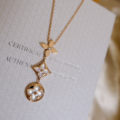 [Super CiCi ]COLOR BLOSSOM LARIAT NECKLACE PINK GOLD WHITE MOTHER PEARL AND DIAMOND