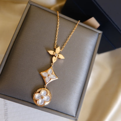 [Super CiCi ]COLOR BLOSSOM LARIAT NECKLACE PINK GOLD WHITE MOTHER PEARL AND DIAMOND