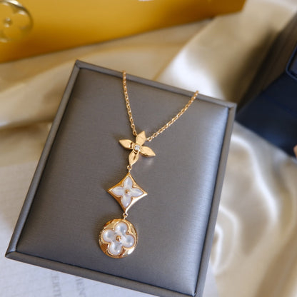 [Super CiCi ]COLOR BLOSSOM LARIAT NECKLACE PINK GOLD WHITE MOTHER PEARL AND DIAMOND