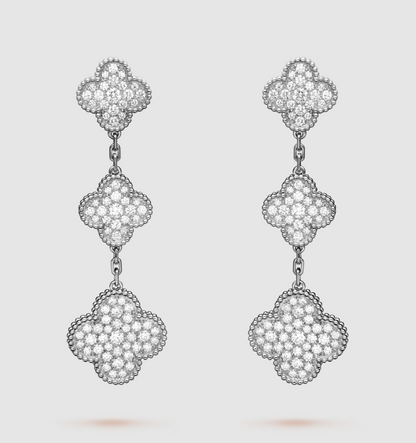 [Super CiCi ]CLOVER 3 MOTIF DIAMOND SILVER DROP EARRINGS