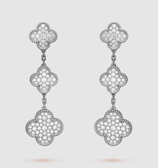 [Super CiCi ]CLOVER 3 MOTIF DIAMOND SILVER DROP EARRINGS