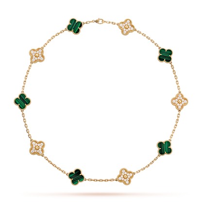 [Super CiCi ]CLOVER 10 MOTIFS MALACHITE DIAMOND NECKLACE