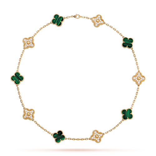 [Super CiCi ]CLOVER 10 MOTIFS MALACHITE DIAMOND NECKLACE
