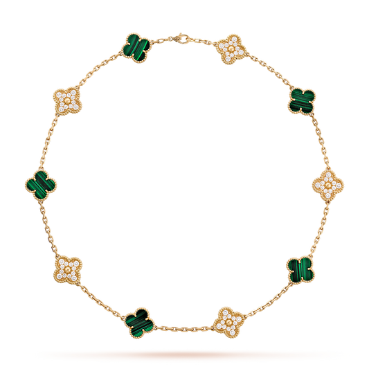 [Super CiCi ]CLOVER 10 MOTIFS MALACHITE DIAMOND NECKLACE