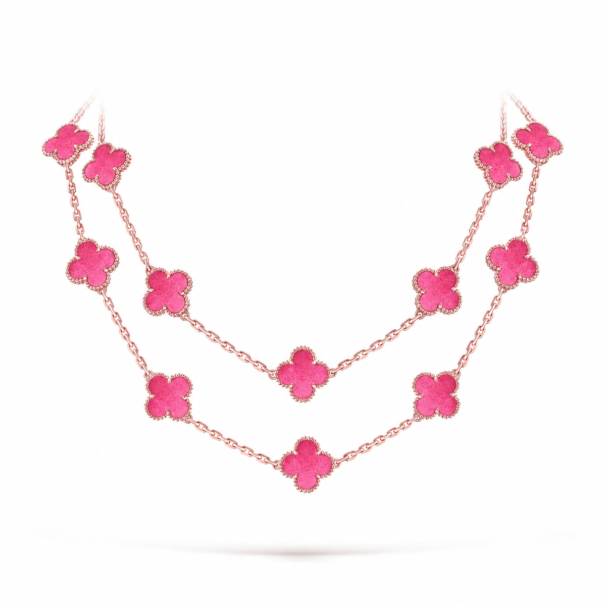 [Super CiCi] NEW CLOVER 20 MOTIFS PINK ENAMEL NECKLACE