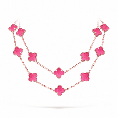 [Super CiCi] NEW CLOVER 20 MOTIFS PINK ENAMEL NECKLACE
