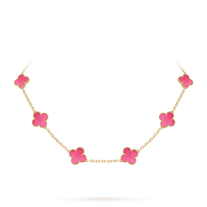 [Super CiCi]NEW CLOVER 10 MOTIFS PINK ENAMEL NECKLACE