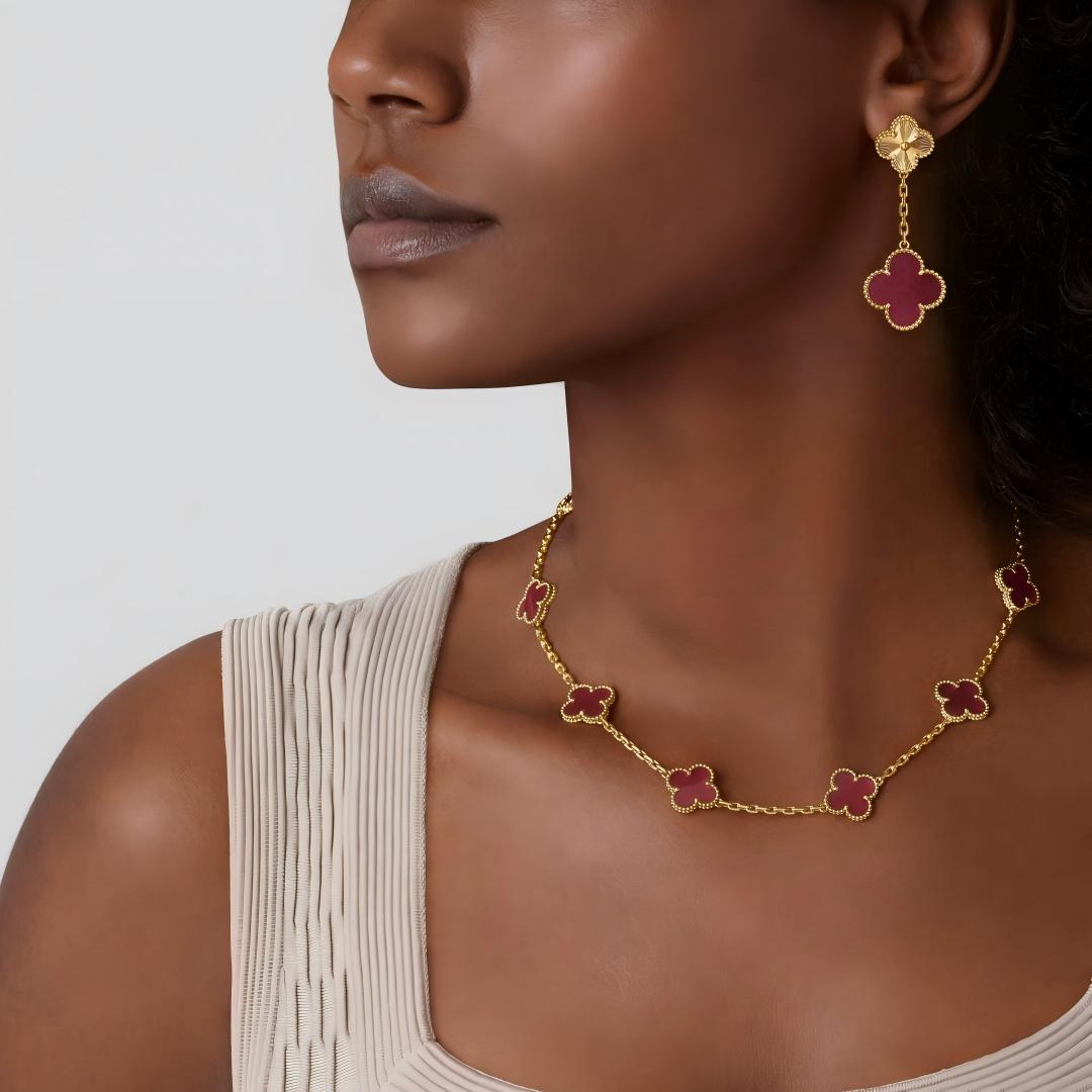 [Super CiCi]NEW CLOVER 10 MOTIFS PINK ENAMEL NECKLACE