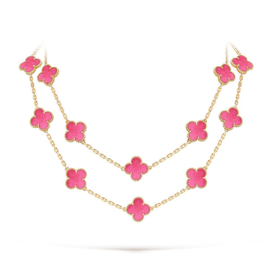 [Super CiCi] NEW CLOVER 20 MOTIFS PINK ENAMEL NECKLACE