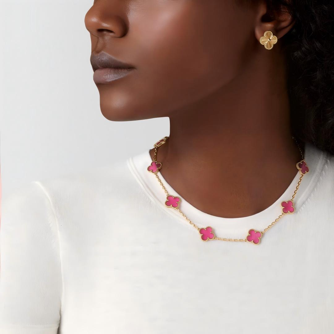 [Super CiCi]NEW CLOVER 10 MOTIFS PINK ENAMEL NECKLACE