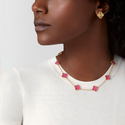 [Super CiCi]NEW CLOVER 10 MOTIFS PINK ENAMEL NECKLACE