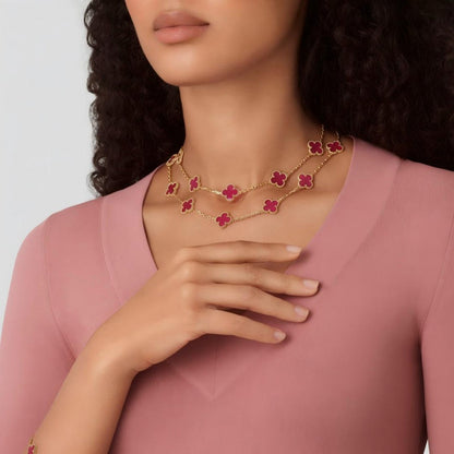 [Super CiCi] NEW CLOVER 20 MOTIFS PINK ENAMEL NECKLACE