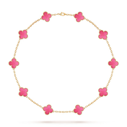 [Super CiCi]NEW CLOVER 10 MOTIFS PINK ENAMEL NECKLACE