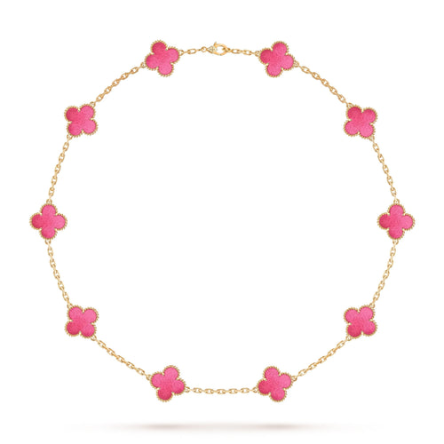 [Super CiCi]NEW CLOVER 10 MOTIFS PINK ENAMEL NECKLACE