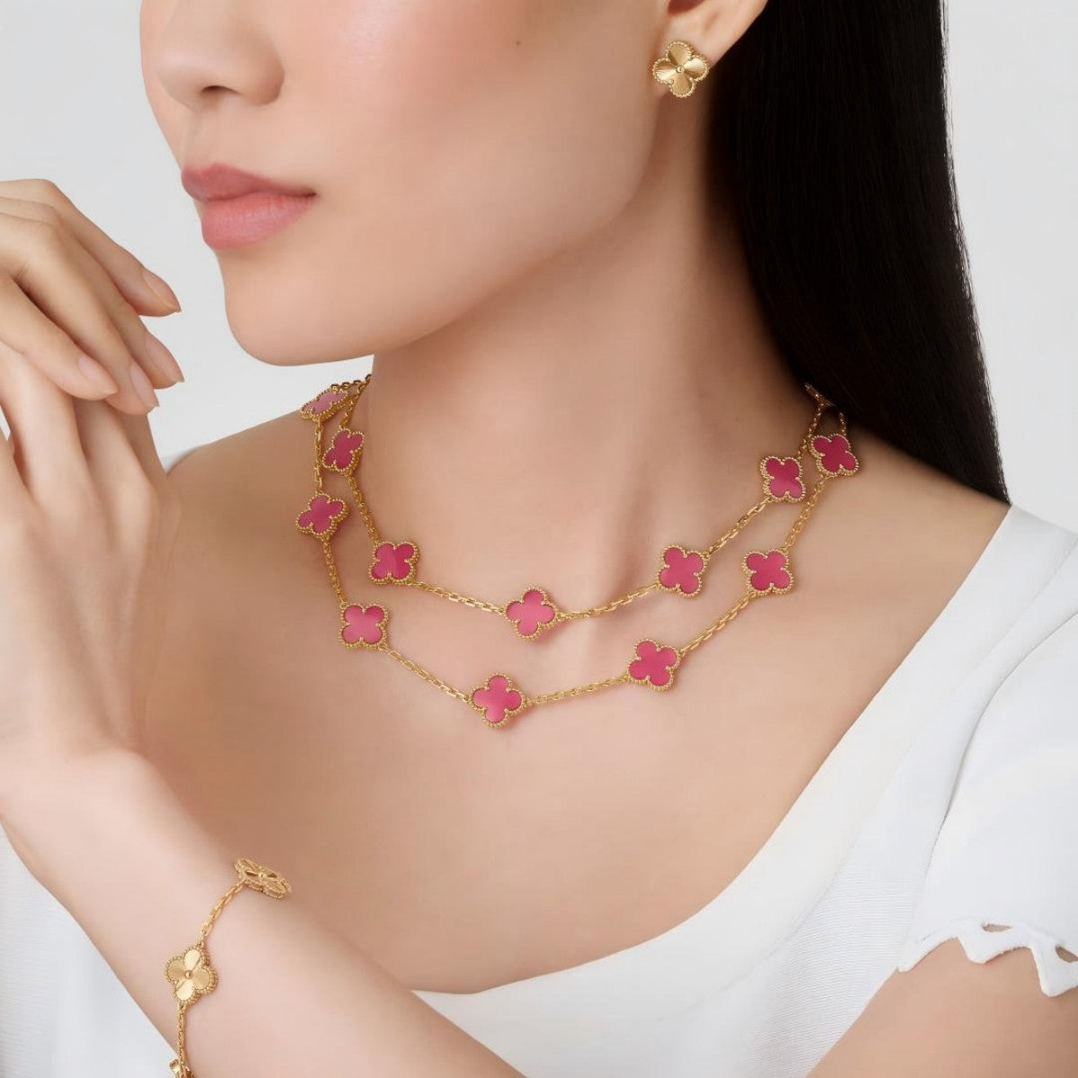 [Super CiCi] NEW CLOVER 20 MOTIFS PINK ENAMEL NECKLACE
