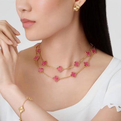 [Super CiCi] NEW CLOVER 20 MOTIFS PINK ENAMEL NECKLACE