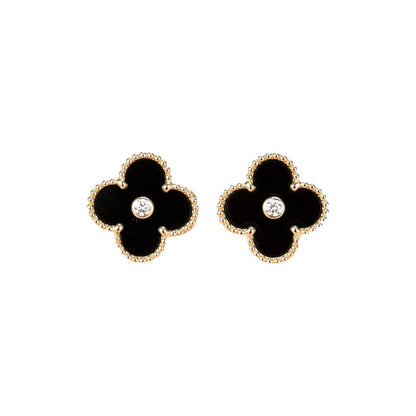 [Super CiCi ]CLOVER MEDIUM 1 MOTIFS ONYX DIAMOND EARRINGS