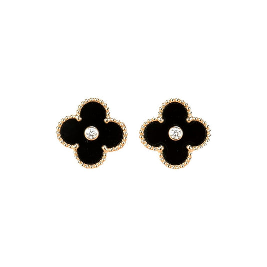 [Super CiCi ]CLOVER MEDIUM 1 MOTIFS ONYX DIAMOND EARRINGS