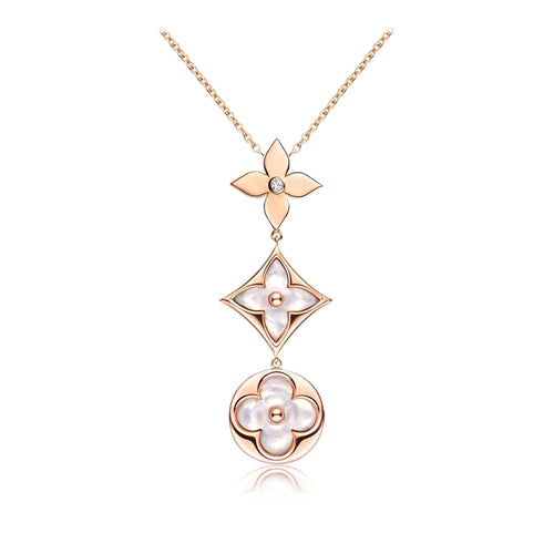 [Super CiCi ]COLOR BLOSSOM LARIAT NECKLACE PINK GOLD WHITE MOTHER PEARL AND DIAMOND