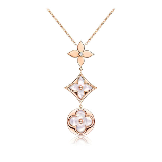 [Super CiCi ]COLOR BLOSSOM LARIAT NECKLACE PINK GOLD WHITE MOTHER PEARL AND DIAMOND