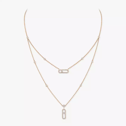 [Super CiCi]2 Rows Rose Gold Diamond Pave_ Necklace Move Uno