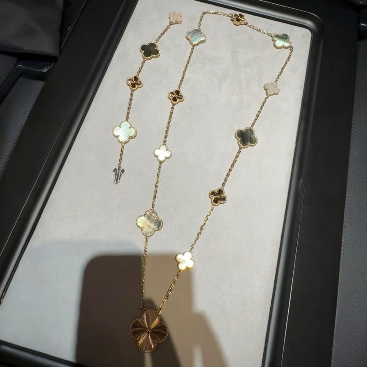 [Super CiCi ]DETACHABLE CLOVER 15(11+4) FLOWER ROSE GOLD NECKLACE SET