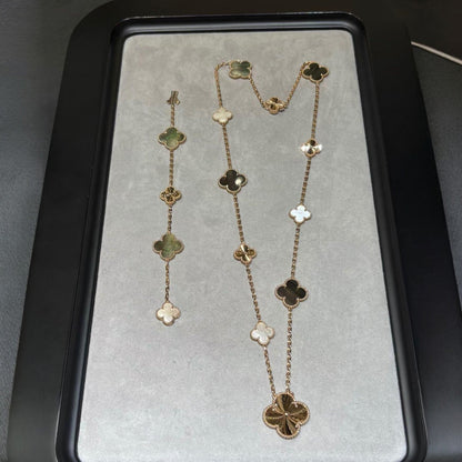 [Super CiCi ]DETACHABLE CLOVER 15(11+4) FLOWER ROSE GOLD NECKLACE SET