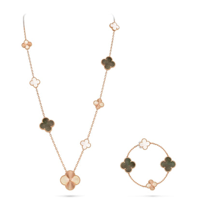 [Super CiCi ]DETACHABLE CLOVER 15(11+4) FLOWER ROSE GOLD NECKLACE SET