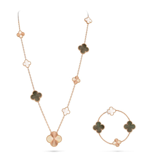 [Super CiCi ]DETACHABLE CLOVER 15(11+4) FLOWER ROSE GOLD NECKLACE SET
