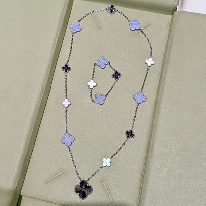 [Super CiCi ]DETACHABLE CLOVER 15(11+4) FLOWER SILVER NECKLACE SET