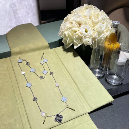 [Super CiCi ]DETACHABLE CLOVER 15(11+4) FLOWER SILVER NECKLACE SET
