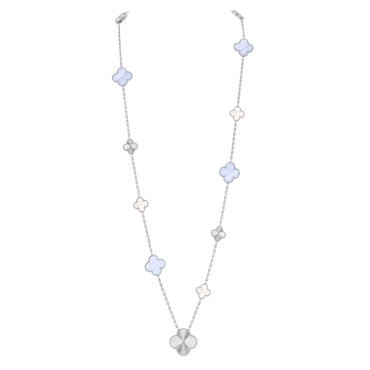[Super CiCi ]DETACHABLE CLOVER 15(11+4) FLOWER SILVER NECKLACE SET