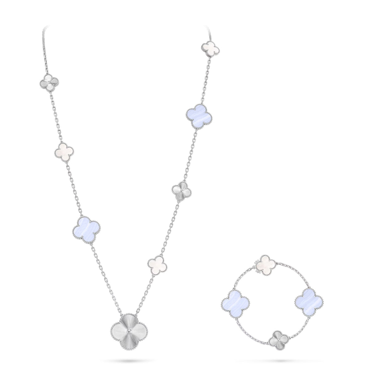 [Super CiCi ]DETACHABLE CLOVER 15(11+4) FLOWER SILVER NECKLACE SET