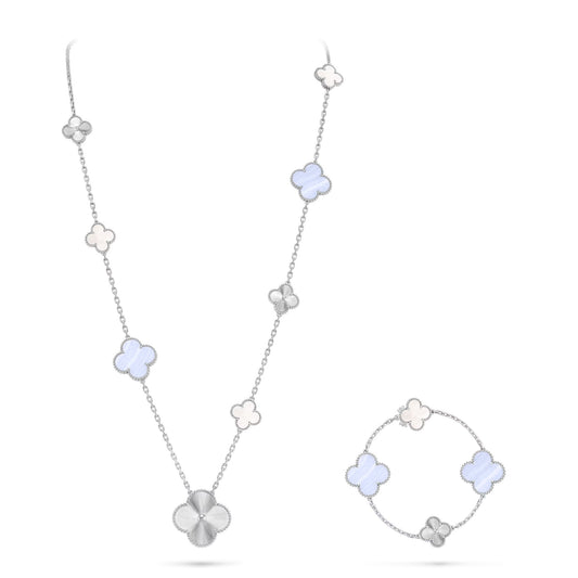 [Super CiCi ]DETACHABLE CLOVER 15(11+4) FLOWER SILVER NECKLACE SET