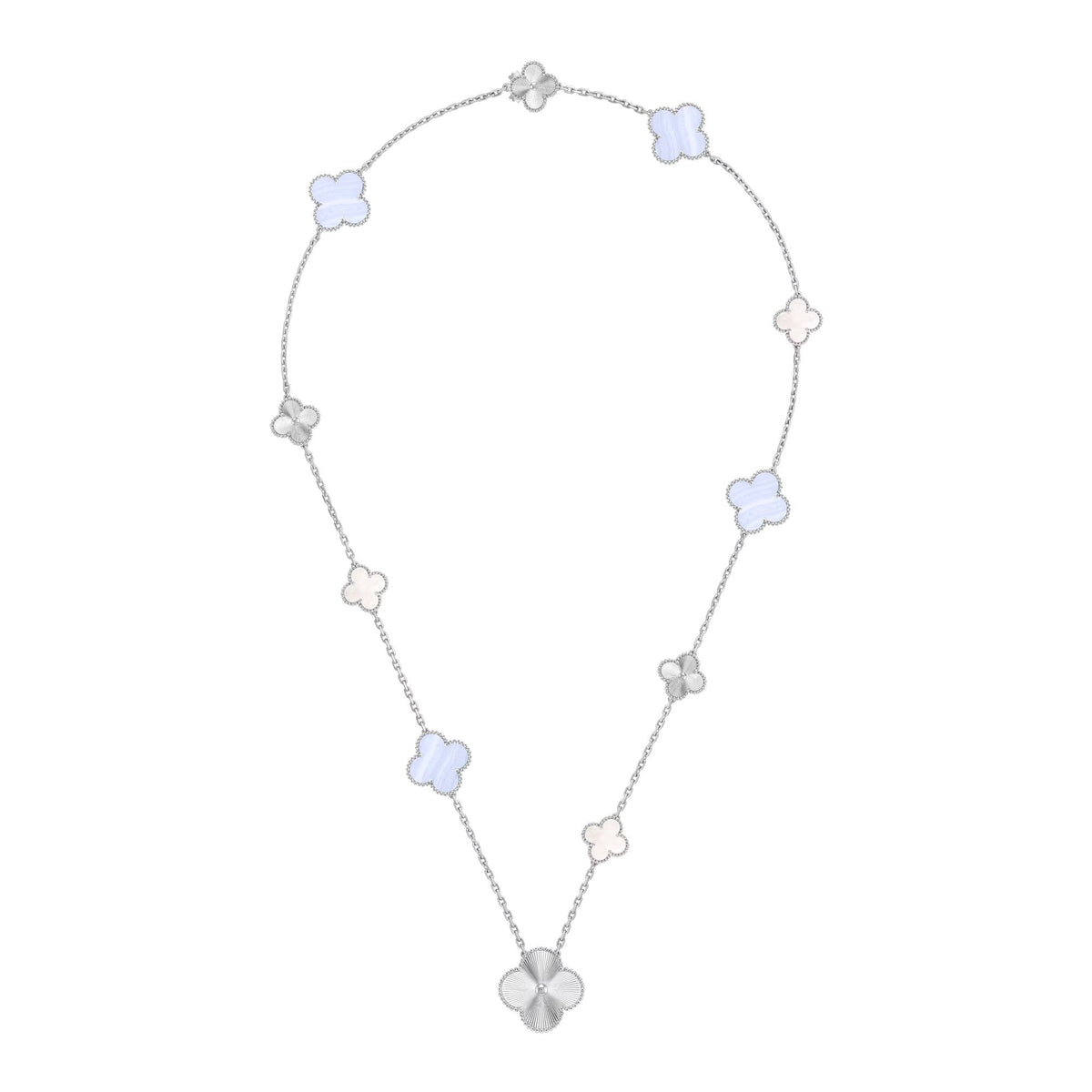 [Super CiCi ]DETACHABLE CLOVER 15(11+4) FLOWER SILVER NECKLACE SET