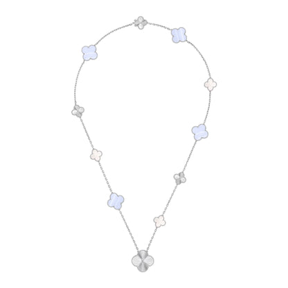[Super CiCi ]DETACHABLE CLOVER 15(11+4) FLOWER SILVER NECKLACE SET